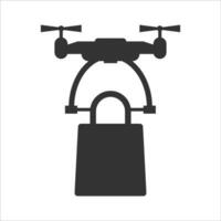 Vector illustration of drone carrying shopping bags icon in dark color and white background