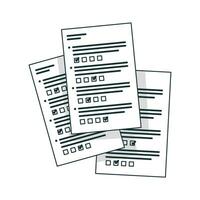 Vector survey or exam form paper sheets pile with answered quiz checklist and success result assessment flat cartoon.