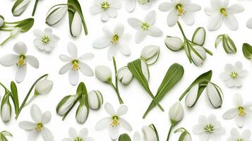 Snowdrop flower patterned background. Flower texture background. Generative AI photo