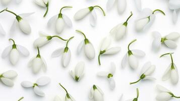 Snowdrop flower patterned background. Flower texture background. Generative AI photo