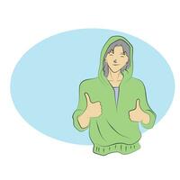 half length of man in green hood showing thumbs up illustration vector hand drawn isolated on white background