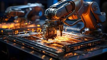 industrial robots welding metal on a machine. AI Generated photo