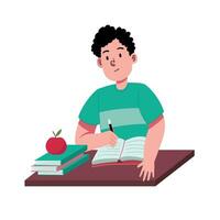 Diligent boy study and write a note for homework school education with happy and fun illustration vector