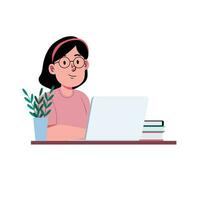 Girl happy to learning and study with laptop for online class and do task illustration vector