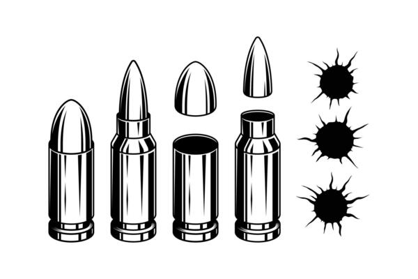 Bullets and bullet holes isolated vector illustration.