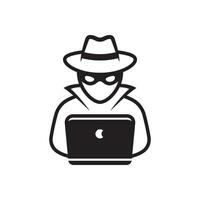 Computer hacker with laptop icon, Spy agent isolated on white. vector