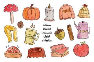 Autumn Vibes Sketch Watercolor Element Collection vector