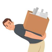 Young man carry heavy case or big box with folders or paper document. vector