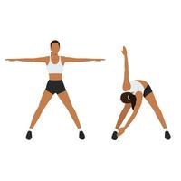 Woman doing exercise with cross body toe touches in 2 Step. Back Stretch. vector