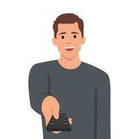 Man holds television remote control switches cable TV channels and smile, choosing interesting show for evening viewing. Happy guy pointing remote at screen wanting to turn off TV vector