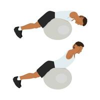 Man doing stability or swiss ball back extensions exercise. vector