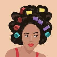 Young girl with curlers in hair. vector