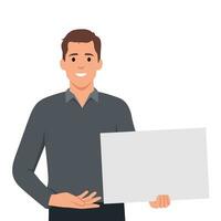 Happy young man holding showing displaying white blank board banner poster and pointing index finger towards that. Concept illustration in vector cartoon style.