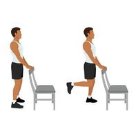 Man doing standing chair or supported hamstring curls exercise. vector