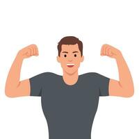 Attractive young muscular man flexing biceps and smiling happy. vector