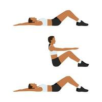 Woman lie down on her back and curl upper body to the top for touch her knees and repeat. vector