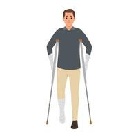 Ill man with bandages on hands and head uses walking aids after being involved in car accident. Guy injured in car accident needs long-term treatment vector