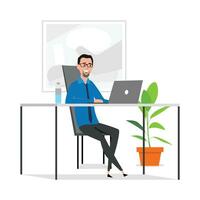 Vector character illustration of man working at office. Employee manager or businessman sitting at desk, looking at laptop, writing notes, doing tasks. Effective time management, workplace, workflow.