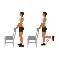 Woman doing standing supported resistance band hamstring curls exercise. vector