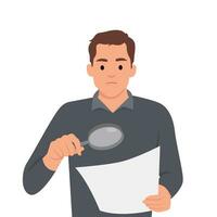 Searching for money or documents concept. Young attentive businessman cartoon character standing looking at magnifier trying to find money or official documents vector