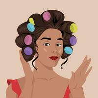 Young girl with curlers in hair. vector