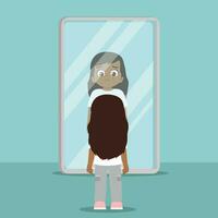 Vector illustration of self rejection and self acceptance. Young girl in depression watching disappointed at her reflection in the mirror