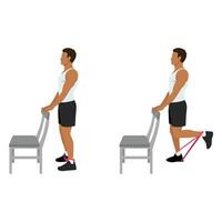 Man doing standing supported resistance band hamstring curls exercise. Flat vector illustration isolated on white background