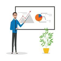 Manager Making Presentation Vector Illustration. Banker, Stock Broker, Finance Expert Analysing Graphs, Statistics on Board. Cartoon Analyst Presenting Report, Growth Rates Using Pointer.