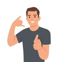 Smiling young man with telephone gesture show call sign. Happy guy with speech bubble above head ask to dial or telephone. vector