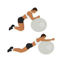 Woman doing Stability or Swiss Ball Rollout exercise, Woman workout fitness. vector