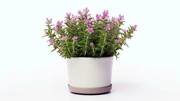 Photo of Thyme flower in pot isolated on white background. Generative AI