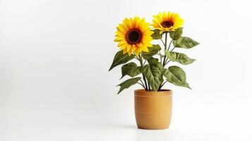 Photo of Sunflower in pot isolated on white background. Generative AI