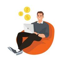 Happy man working on a laptop computer while sitting in a bean bag chair over isolated background. Freelancer guy working at home. vector