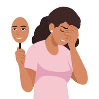 Sad woman is covering her face with a smiling mask. Concept good and bad mood. vector
