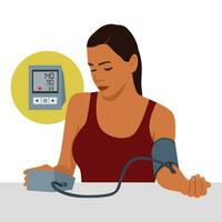A woman measures blood pressure. Caption Blood pressure control. vector