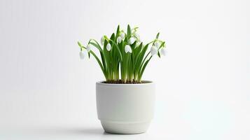 Photo of Snowdrop flower in pot isolated on white background. Generative AI