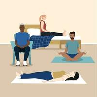 Group Yoga Practice. Relaxed Multiracial People Meditating With Closed Eyes In Studio Together. vector