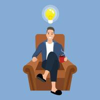 Caucasian white man relaxing with a book on the armchair. Young clever student drinking coffee and reading a novel at home with light bulb idea. vector