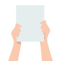 Two hands holding white sheet. concept of notice, display, contract notify, announce, postcard, gesture, without list, tag, placard. vector