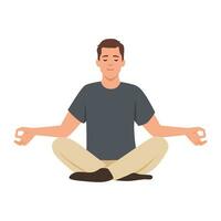 Man doing yoga. Yogi sitting in padmasana lotus pose, meditating, relaxing, calm down and manage stress. vector