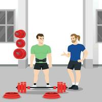 Coach training male client making squat with barbell vector flat illustration. Athletic personal trainer and man performing physical exercise at gym.