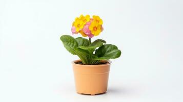 Photo of Primula flower in pot isolated on white background. Generative AI