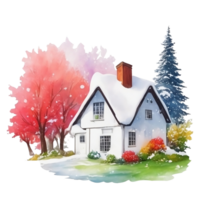 Watercolor English country house with 4 seasons png