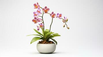 Photo of Monkey Orchid flower in pot isolated on white background. Generative AI