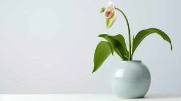 Photo of Ladys Slipper flower in pot isolated on white background. Generative AI