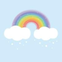 Colorful rainbow with clouds on blue background vector