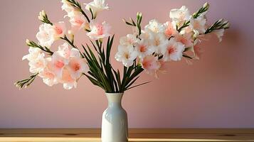Photo of Gladiola flower in pot isolated on white background. Generative AI
