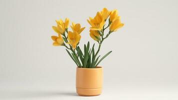 Photo of Freesia flower in pot isolated on white background. Generative AI