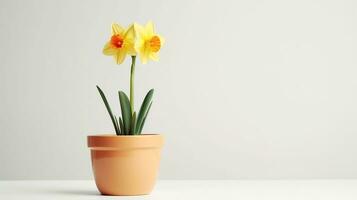Photo of Daffodil flower in pot isolated on white background. Generative AI
