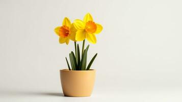 Photo of Daffodil flower in pot isolated on white background. Generative AI